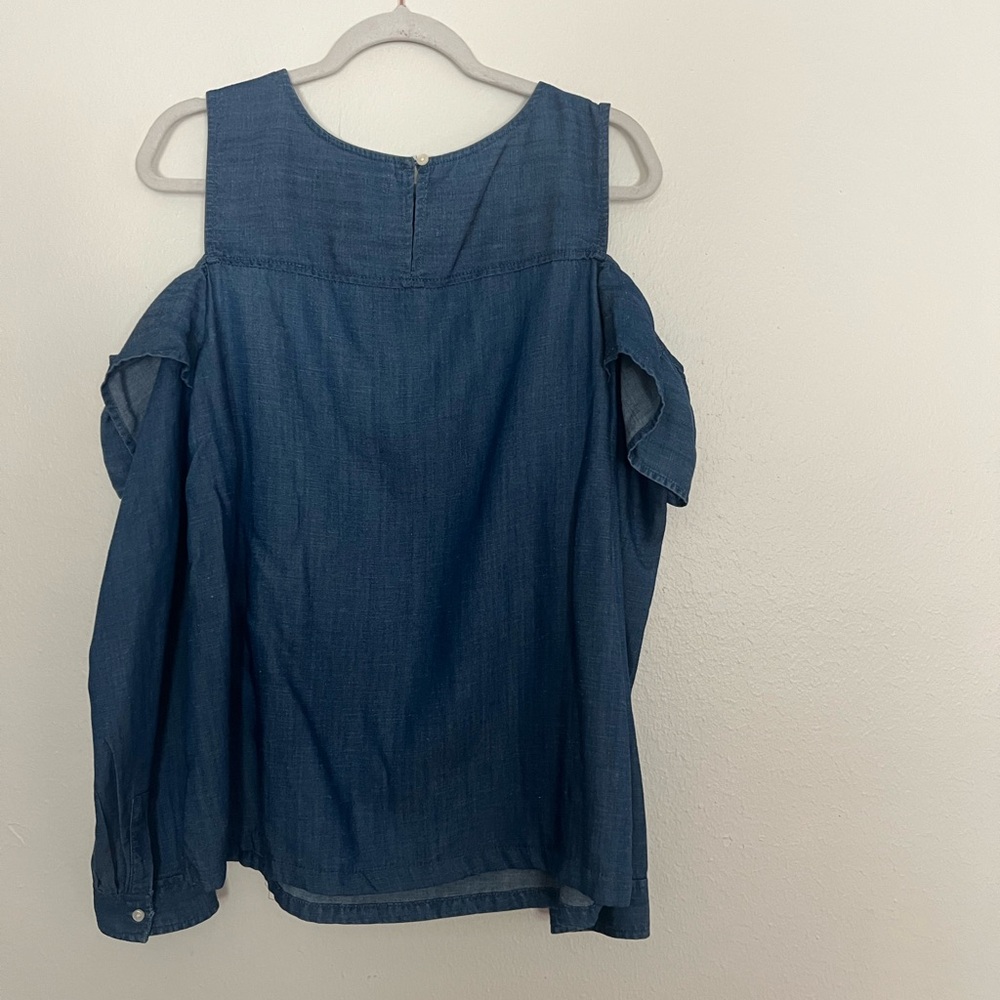 LOFT Blue Denim Cold-Shoulder Ruffle Top - Picture 2 of 6